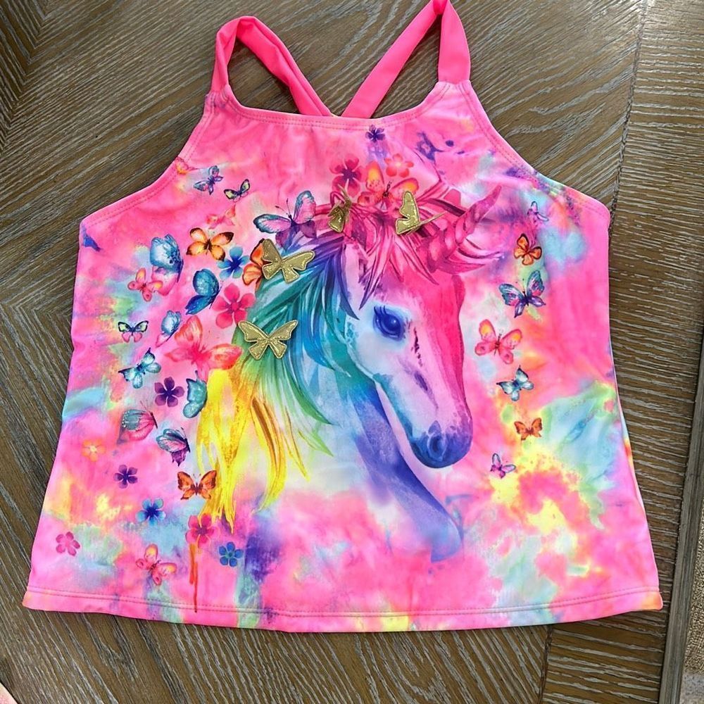3/$25 Unicorn Tie Dye Rainbow Swim Tankini XXL 18 l Strappy Colorful Butterly - Picture 1 of 8